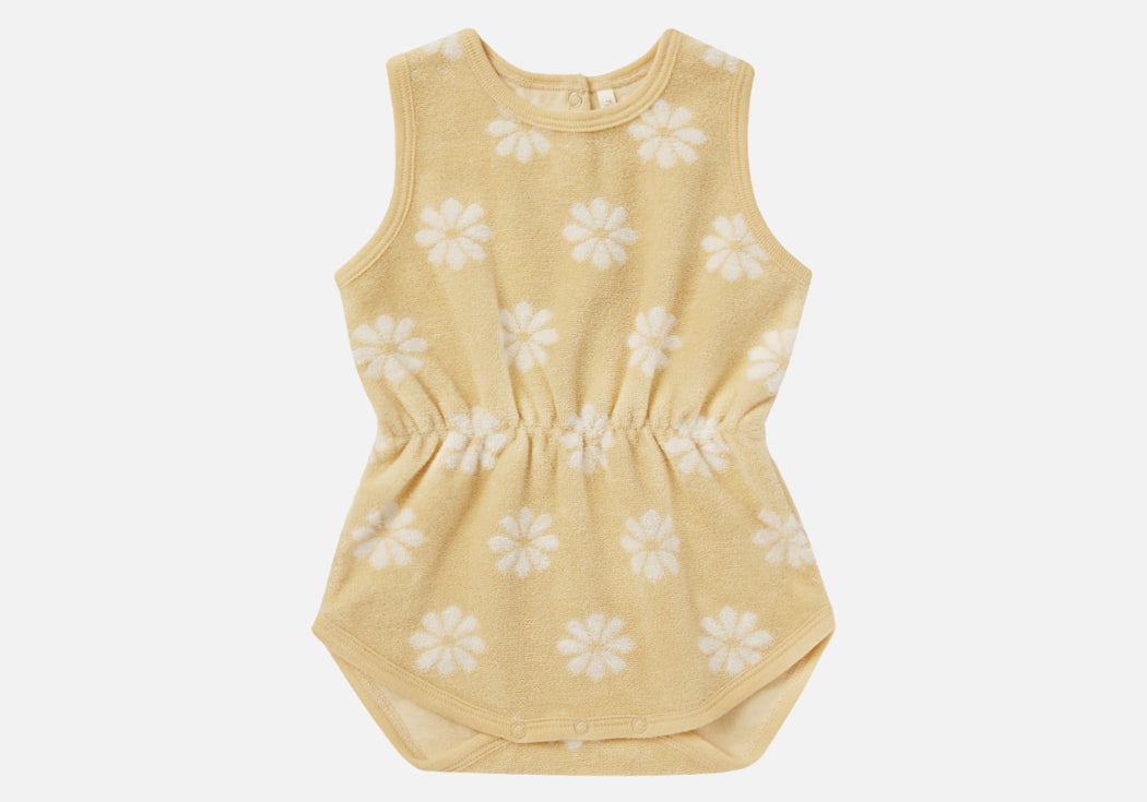 Rylee + Cru cinch playsuit in yellow fabric with white flowers