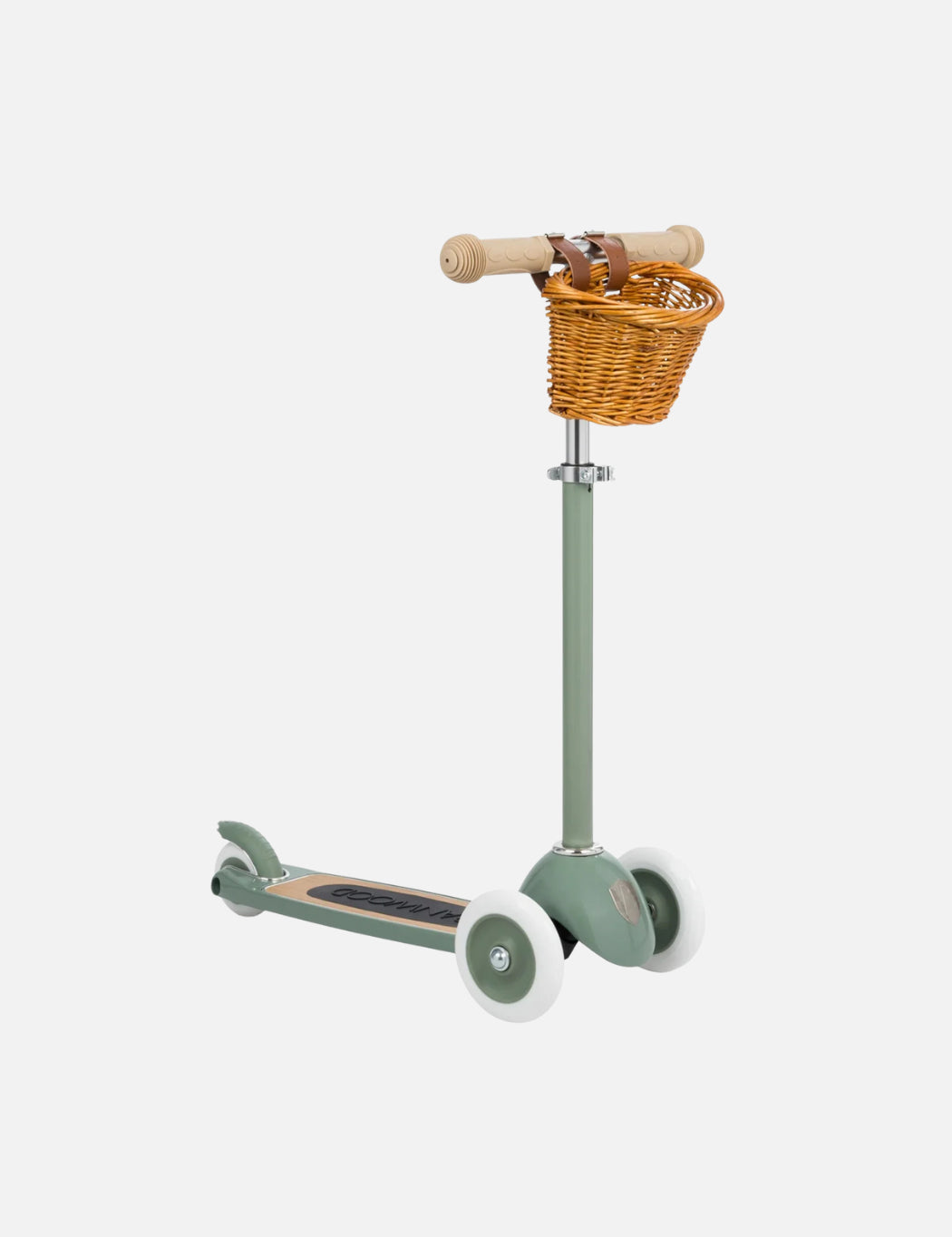 Green scooter with a wicker basket on a white background