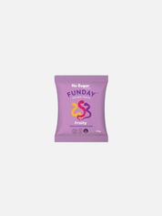 Purple package of Funday natural sweets on a white background