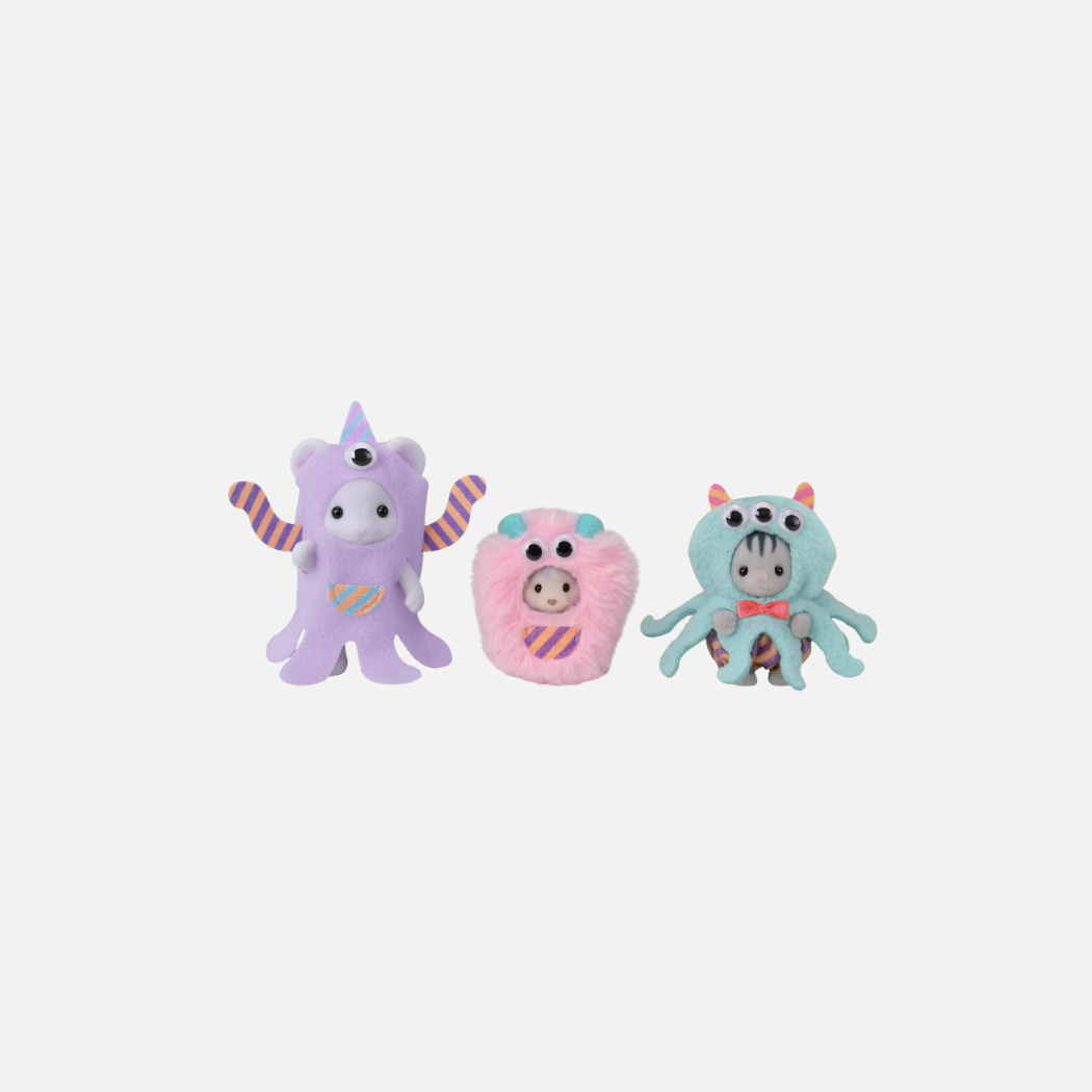  three Sylvanian Families babies wearing Funny Monster costumes